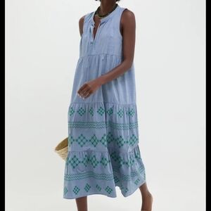 TUCKERNUCK BEACH Dress S Emerald Embroidered Chambray Salty Paloma Caftan